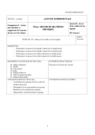 FICHE 13 Masse d'un solide et d'un liquide SPO