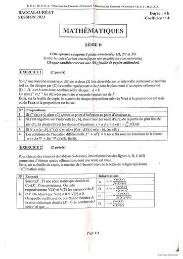 Sujet de Maths bac 2023 serie D by Tehua
