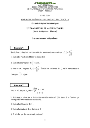 Sujet et Corrigé 2ème épreuve de maths ITS B option Maths 2017 (ENSEA)