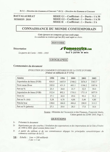 Sujet d'histoire et géographie BAC G1 G2 et H 2010