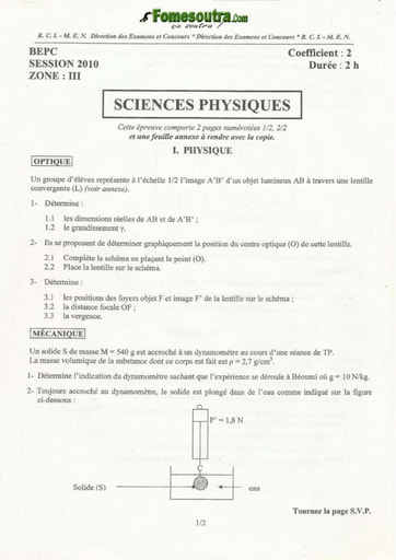 Sujet de Physique Chimie BEPC 2010 zone 3