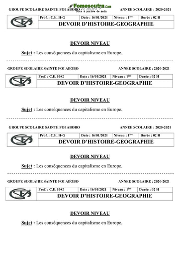 Sujets Histoire-Géographie niveau 1ere - Groupe Scolaire Sainte Foi Abidjan