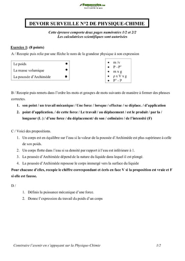 Devoir physique chimie Niveau Troisième 2021 2022