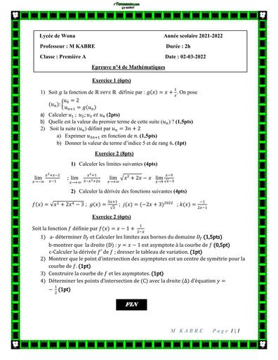 DEVOIR DE MATHS 1ière A N°4 LYCEE DE WONA 2022 BY TEHUA