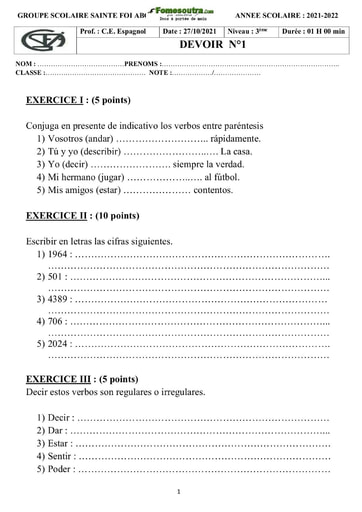 Devoir Espagnol Niveau Troisième Groupe Scolaire Sainte Foi