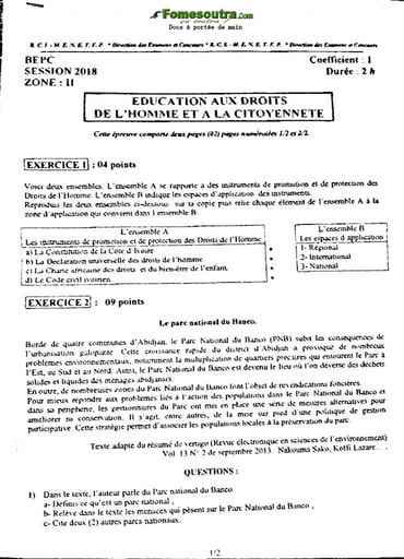 Sujet corrigé et barème EDHC BEPC 2018 Zone 2