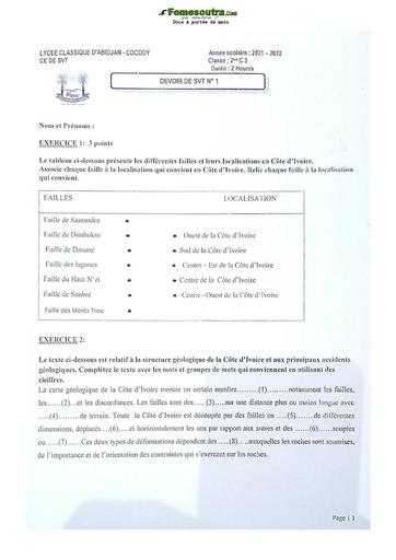 Devoir surveillé de SVT niveau Seconde C Lycée Classique Abidjan 2021-2022