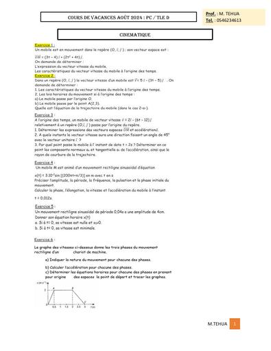 COURS DE VACANCES PC FICHE 1 CINEMATIQUE Tle D by TEHUA