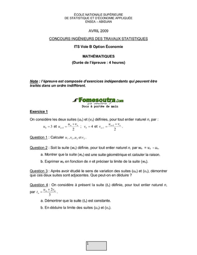 Sujet de Maths ITS B option Economie 2009 (ENSEA)