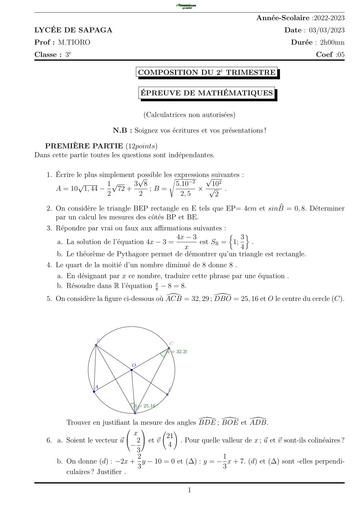 DEVOIR DE MATHS 3ième  N°1 COMPO Trimestre 2 LYCEE DE SAPAGA by TEHUA
