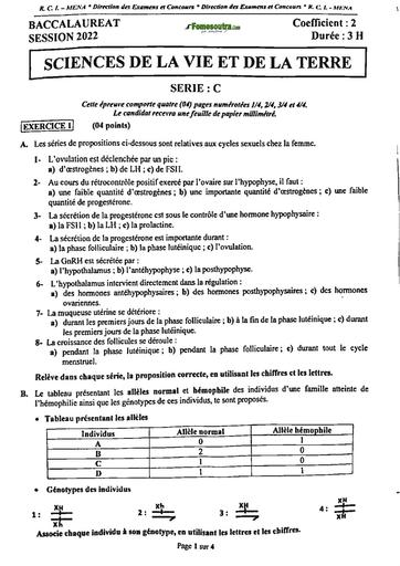 EPREUVE ET CORRIGE BAC 2022 SVT SERIE C COTE D'IVOIRE