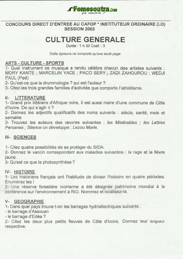 Sujet de Culture générale CAFOP 2003