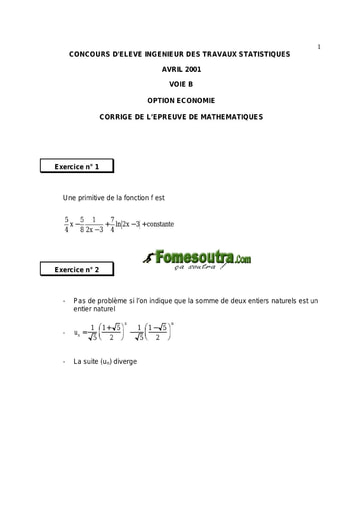 Corrigé Maths ITS B option Economie 2001 (ENSEA)