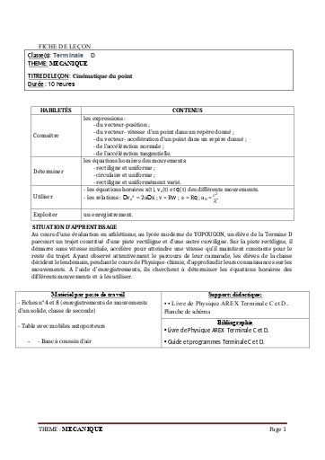 FCICHE DE COURS PC Tle CD L1  CINEMATIQUE DU POINT by TEHUA