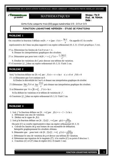 FICHE DE TRAVAUX DIRIGES MATHS Tle D FONCTION LOGARITHME NEPERIEN (ETUDE DE FONCTIONS) BY TEHUA