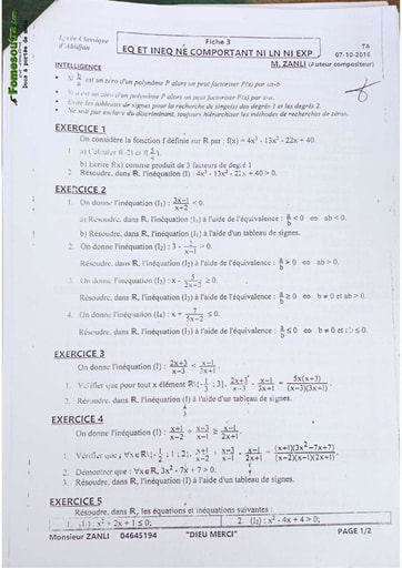 Sujets de Maths Equation et Inéquation niveau Terminale A1 - Lycée classique d'Abidjan