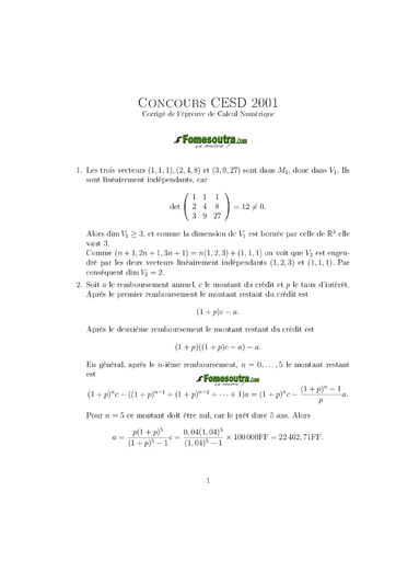 Corrigé Calcul numérique ISE option maths 2001 (ENSEA)