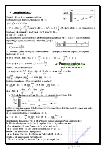 Corrigé Problème (3) Etude d'une Fonction Logarithme Népérienne - Maths Terminale D