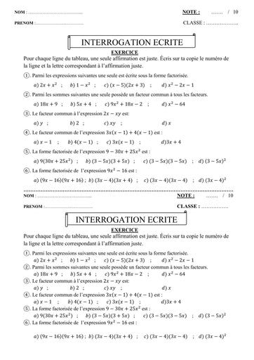 Interrogation écrite maths N°3 niveau 3ième (calculcul littéral 3ème) septembre 2025 by Tehua