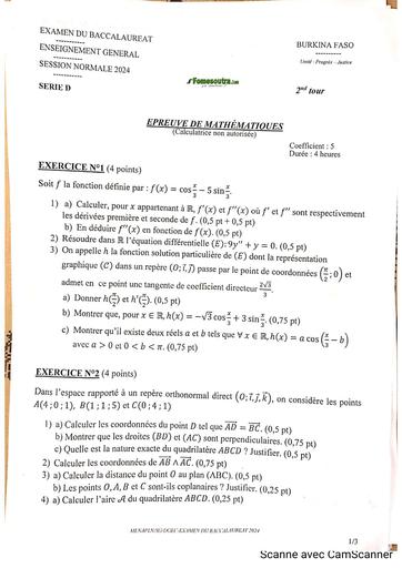 Sujet+barème Maths Bac D 2024 2nd tour Burkina BY TEHUA