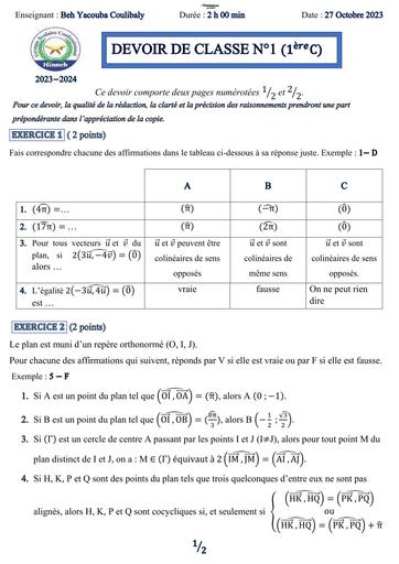 DEVOIR DE MATHS NIVEAU 1ière C HINNEH OCTOBRE 2023 BY TEHUA