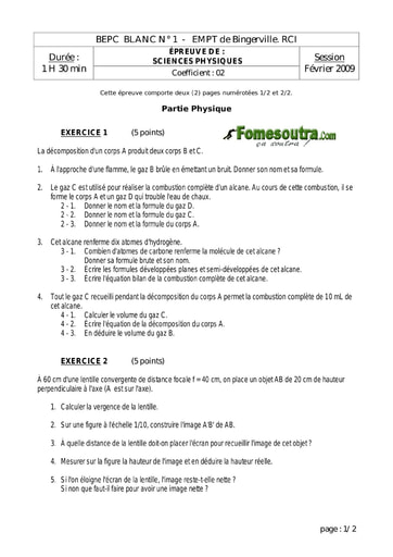 Sujet de Physique Chimie BEPC blanc 2009 EMPT Bingerville