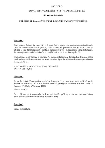 Corrigé Analyse d'une documentation statistique ISE option économie 2013 (ENSEA - ISSEA - ENSAE)