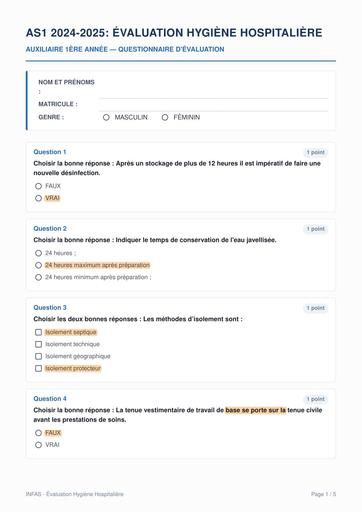 INFAS Evaluation Hygiene Hospitaliere CORRIGE AS1 BY TEHUA