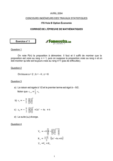 Corrigé Maths ITS B option Economie 2004 (ENSEA)