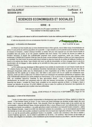 Sujet de Sciences économiques et sociales BAC B 2014