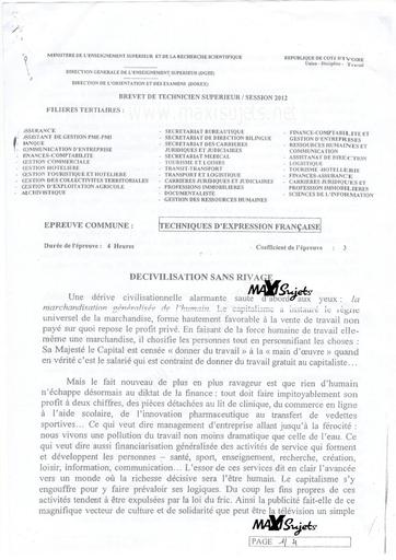 examen BTS 2012_français_filière tertiaire- ASSISTANAT DE DIRECTION CARRIERE JURIDIQUE ET PROFESSIONS IMMOBILIERES FINANCE ASSURANCE FINANCE COMPTABILITE ET GESTION D’ENTRPRISE GESTION COMMERCIAL GESTION DES COLLECTIVITES TERRITORIALE by Tehua
