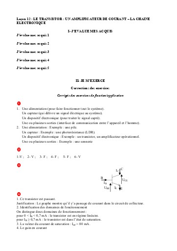 Corrigé leçon 12 Transistor