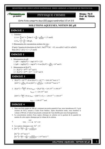 FICHE DE TRAVAUX DIRIGES PC Tle D SOLUTIONS AQUEUSES, NOTION DE pH (CORRECTION) BY TEHUA