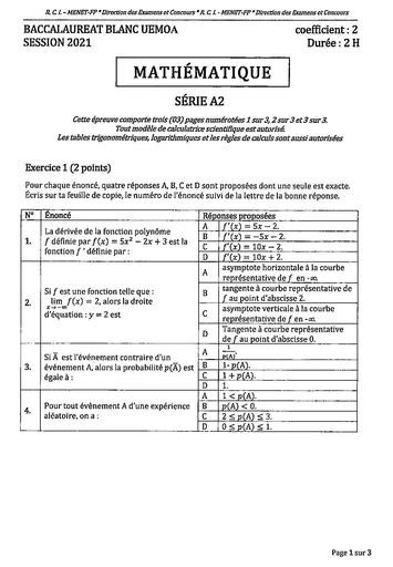 BAC BLANC UEMOA 2021 SUJET DE MATHS SERIE A2 by TEHUA