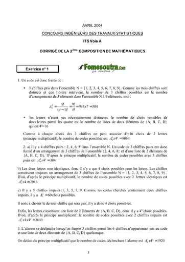 Corrigé 2ème épreuve de maths ITS A 2004 (ENSAE - ISSEA)