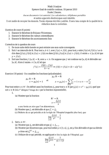 Sujet corrigé de Mathématiques I (Analyse) - Licence Sciences et technologie - Janvier 2010