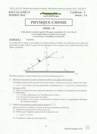 Sujet corrigé et barème de Physique-Chimie BAC D 2015