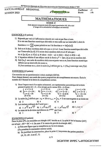 SUJET ET CORRIGE BAC BLANC 2023 MATHEMATIQUES SERIE C REGIONAL DE GAGNOA COTE D'IVOIRE