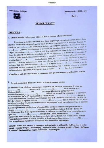 Sujet de SVT niveau Première D Lycée Classique Abidjan 2022-2023