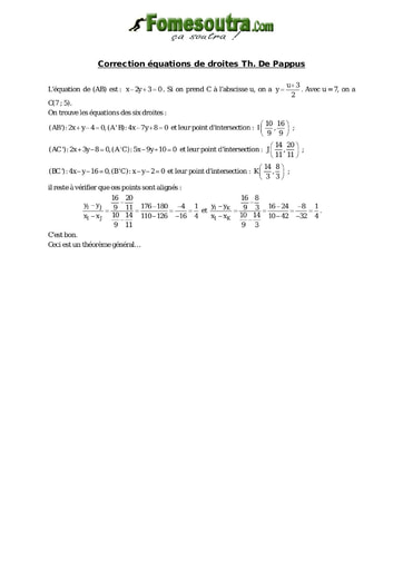 Corrigé Equations de droites : Théorème de Pappus - Maths niveau 2nd C