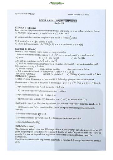 Devoir de Mathématique Terminale C Lycée Classique Abidjan 2021-2022