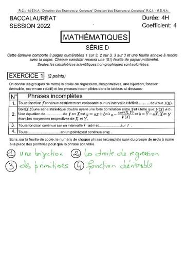 CORRECTION SANS BARÈME MATHS SÉRIE D 2022