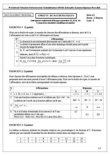 Bac blanc 2024 sujet Maths Série A2 dren bouaflé by Tehua