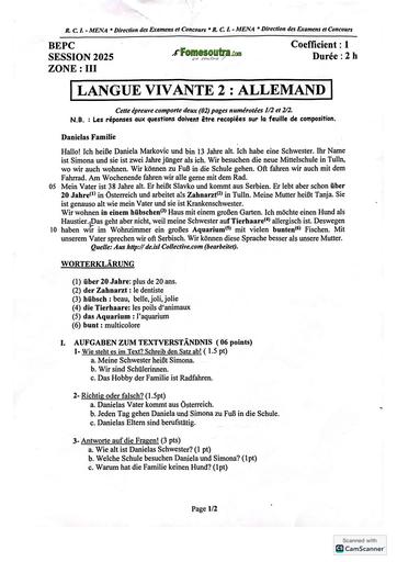 BEPC session 2025 Zone 3 sujet de LV2 Allemand Côte d'Ivoire BY TEHUA