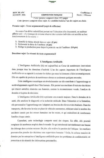 BEPC BLANC RÉGIONAL YAMOUSSOUKRO   COMPOSITION FRANÇAISE