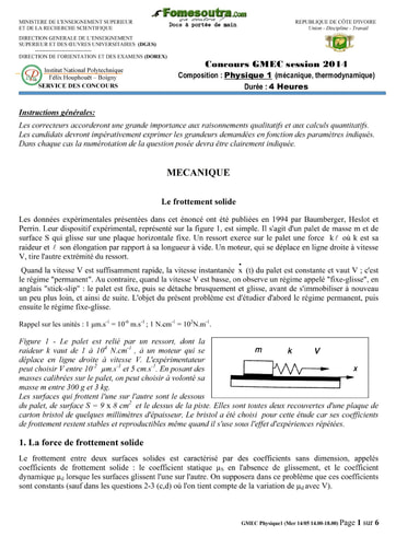 Sujet de Physique 1 concours GMEC 2014