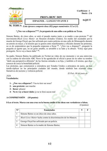 PREPA BEPC 2025 ESPAGNOL FICHE 4 BY TEHUA