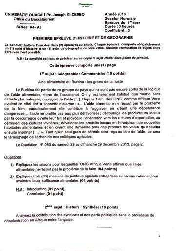 HIST GEO BAC A4,A5 2016 1er TOUR SESSION NORMALE