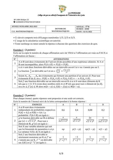 DEVOIR N°2 MATHS Tle D COLLEGE LA PEROUSE BY TEHUA