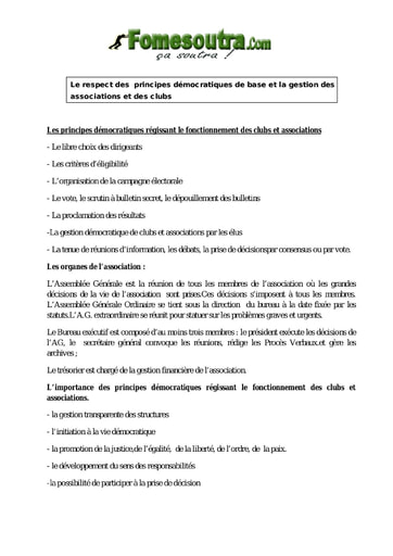 Le respect des principes démocratiques de base et la gestion des associations et des clubs